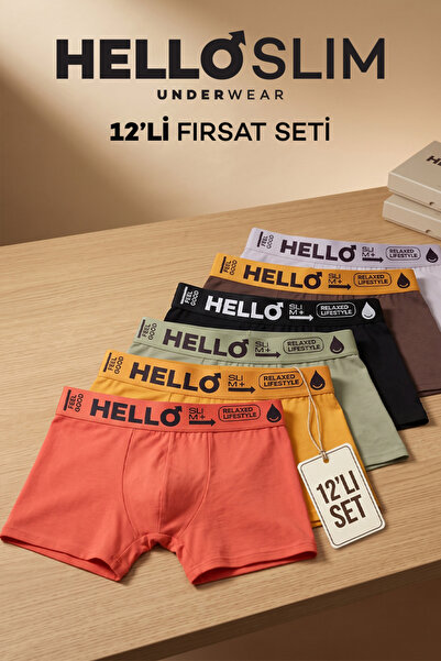 Helloslim Erkek Boxer Seti | 12'li Çoklu Renk Likralı Penye Pamuk Boxer Seti