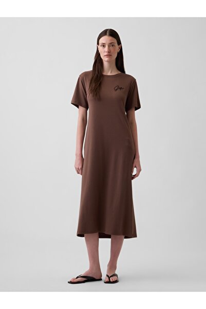 GAP Kadın Kahverengi Relaxed Logo Cutout T-Shirt Midi Elbise