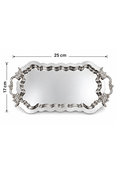 Turkco Versailles Serisi Premium Kulplu Sunum Tepsisi 25x17 cm Lüks Kahve ve İkram Tepsisi Gümüş