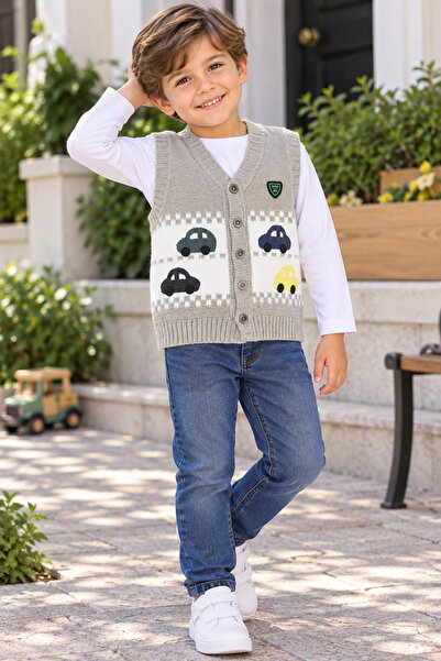 SERPİL Ss Gi̇yi̇m Boys' Knitted Sweater – Car Patterned V-Neck Buttoned Knitw...