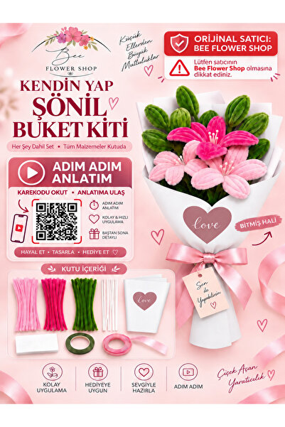 Bee Flower Shop Pembe Lilyum Şönil Çiçek Buket Yapım Kiti – 65 Şönil – Her Şe...