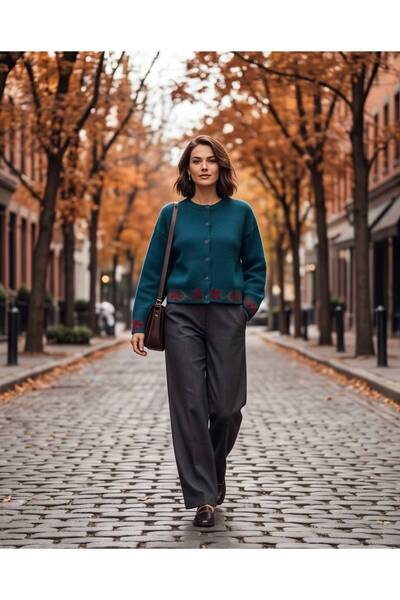 Trend Kapında Vintage Floral Motif Buttoned Knitwear Cardigan