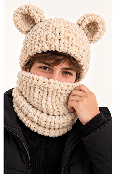 NEHOLİA Men's Puffy Balaklava with Ears Knitted Hood Neck Collar Light Cream ...