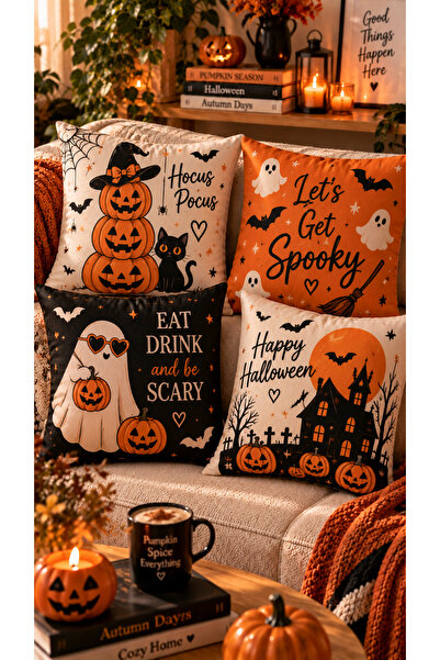 Nari Collections Hocus Pocus Halloween 4’lü Kırlent Kılıfı Seti – 43x43 cm Çi...