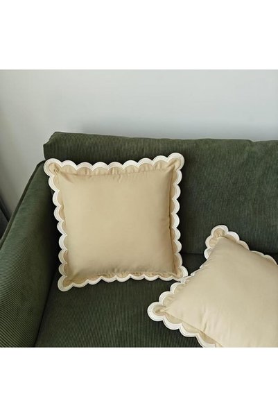 Tazweeq غطاء وسادة بوهو، وسادة قطنية بحواف متموجة، 45×45 سم، لون بيج