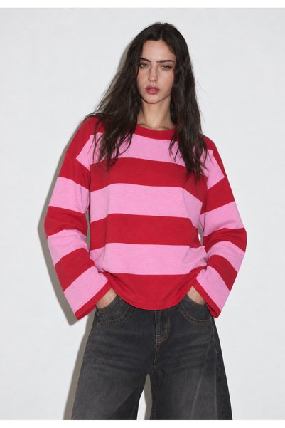Yefrastore Kadın Lacivert Kırmızı Çizgili Bisiklet Yaka Oversize Sweatshirt