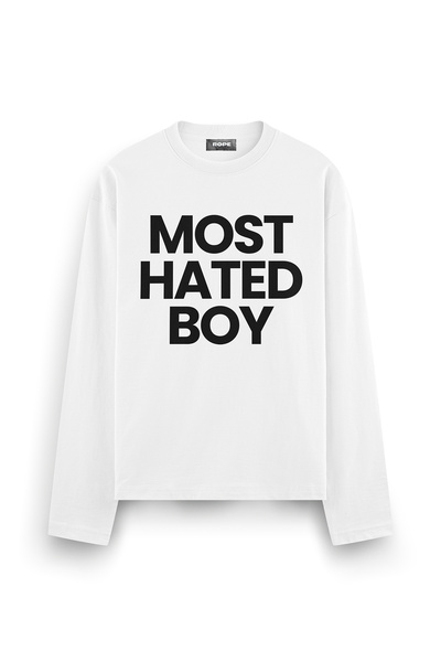 ROPE COUTURE Most Hated Boy Printed Long Sleeve Oversize Fit T-Shirt White