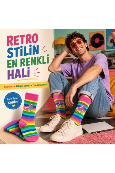 Şerife Hanım Rainbow Striped Retro Skate Patterned Socks Cotton Seamless Toe 36-40 Size Long Socks