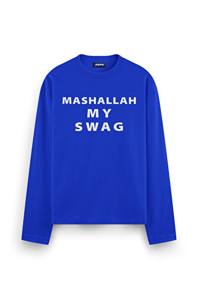 Mashallah My Swag Baskılı Uzun Kollu Oversize Fit Tişört Mavi