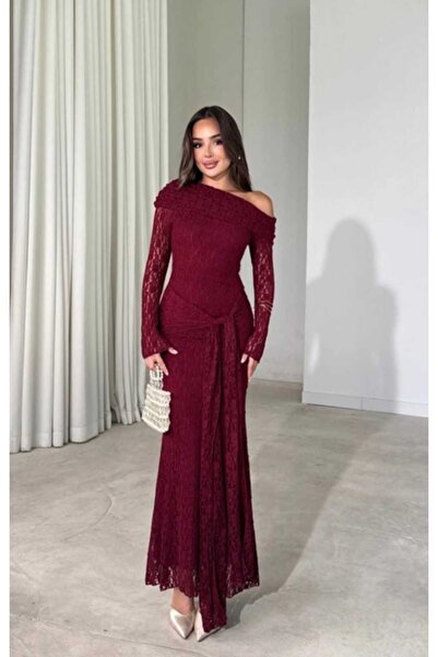 maf collection Kadın Bordo Önden Bağlama Detay Yarım Madonna Yaka Dantel Uzun...