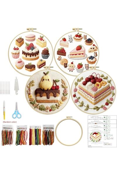 Generic 4 Cake Designs Embroidery Kit for Beginners, Pre-Printed 29x29cm Fabr...