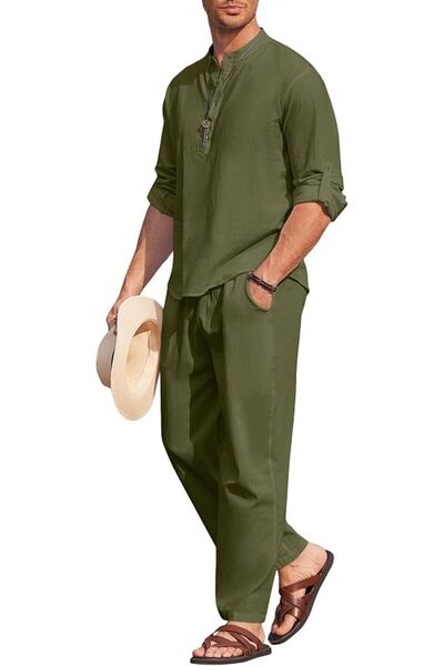 COOFANDY Men's 2 Pieces Cotton Linen Set Casual Long Sleeve Henley Shirts Bea...