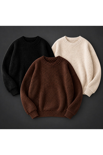 threeoff Set of 3 Men's Crew Neck Knitwear Sweater High Neck Long Sleeve Casu...