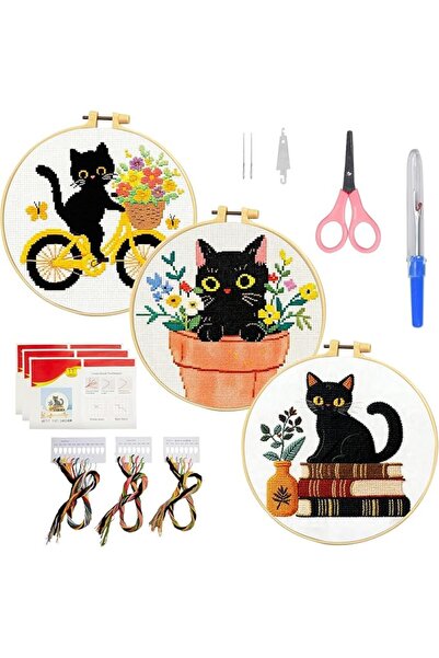 Generic 3 Set Adult Embroidery Beginner kit with Cat Animal Patterns, Black C...