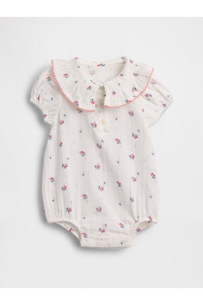 GAP Bebek Beyaz Pamuk Gauze Çiçekli Yaka Bodysuit