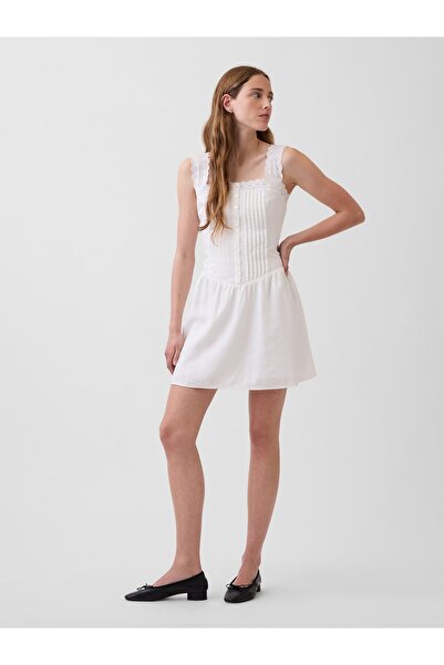 GAP Kadın Beyaz Pintuck Drop-Waist Mini Elbise