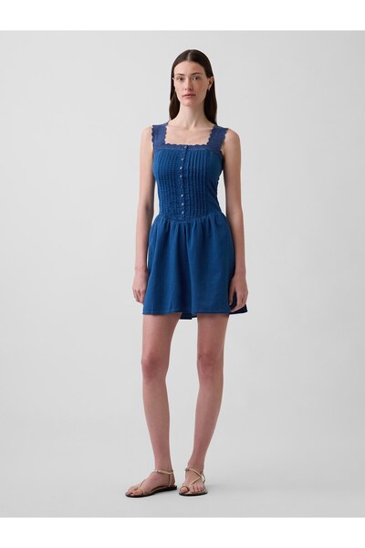 GAP Kadın Mavi Pintuck Drop-Waist Mini Elbise