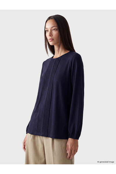 LC Waikiki Alita City Navy Blue Combed Cotton Plain Oval Neck Long Sleeve Wom...