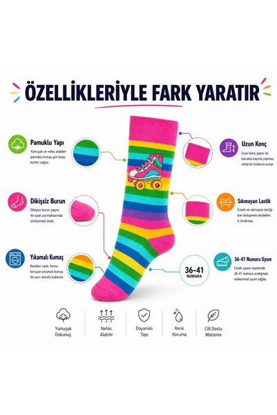 Şerife Hanım Rainbow Striped Retro Skate Patterned Socks Cotton Seamless Toe 36-40 Size Long Socks