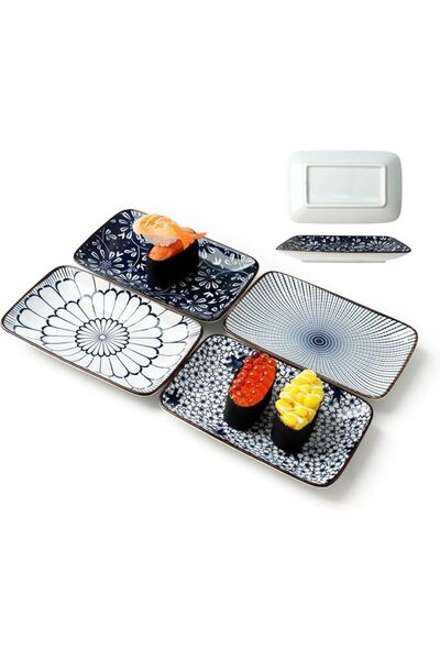 TERRIFI Elegant 4-Piece Ceramic Serving Plate Set for Sushi & Appetizers, Rec...