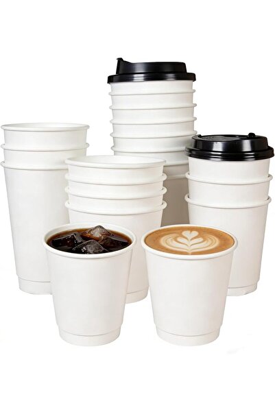 KKAERDIYA Disposable Double Wall Paper Coffee Cups with Black Lids, 10oz, 50 ...