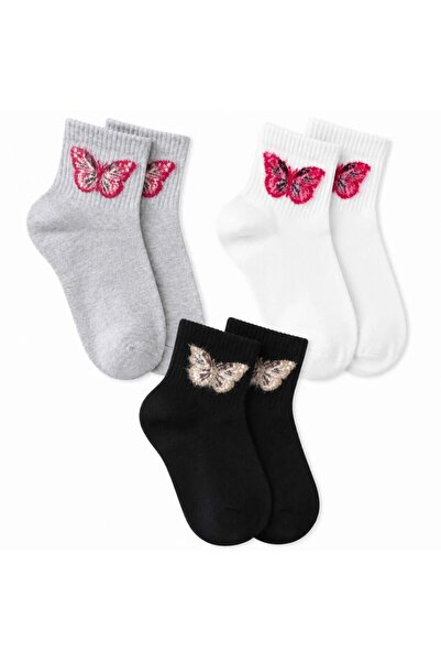 Şerife Hanım Women's Butterfly Patterned Short Socks 3-Piece Set |   80% Cott...