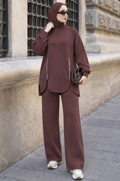 Neva Style Fermuar Cep Detaylı Oysho Kumaş Kahverengi Tesettür Pantolon Takım...