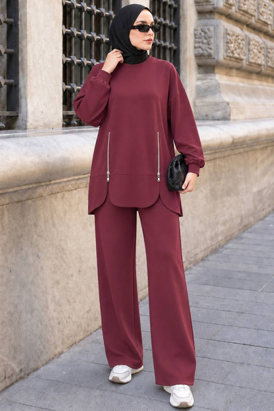 Neva Style Fermuar Cep Detaylı Oysho Kumaş Vişne Tesettür Pantolon Takım 3040VSN