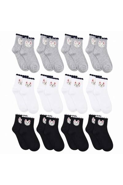 Şerife Hanım Women's Cat Patterned Short Socks 12-Pack |   80% Cotton Seamles...