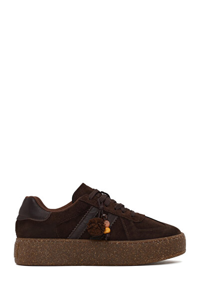 Derimod Women's Brown Lace-Up Thick-Soled Suede Leather Sneaker Af230009Ds