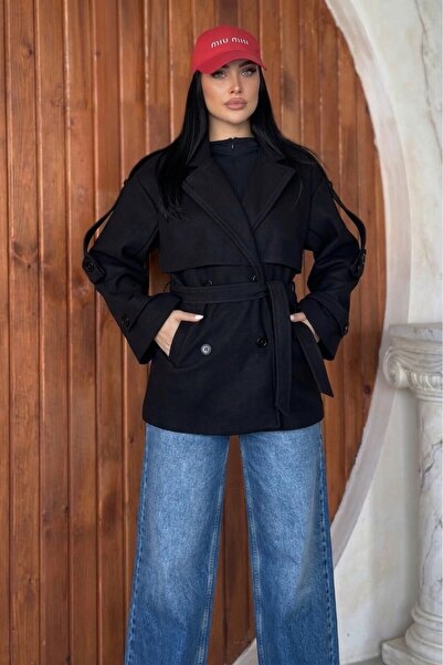 PRİFALDİ Pb Women's Cape-Collar Belted Short Lined Comfortable Fit Black Cash...