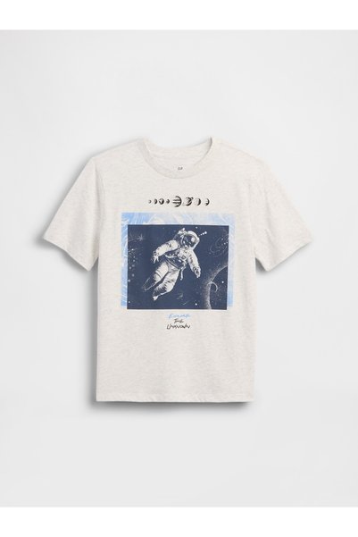 GAP Erkek Çocuk Kırık Beyaz Grafik Baskılı T-Shirt