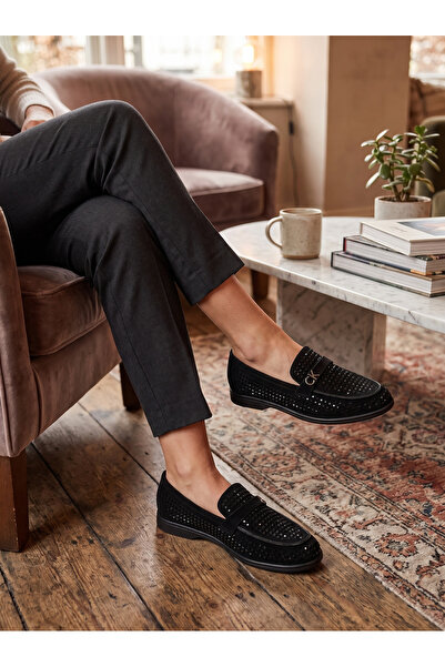 Finelook Women's Studded Suede Penny Loafers - Embellished Flat Slip-On Shoes