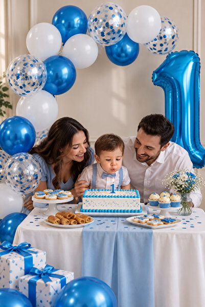 Parti dolabı 1 Yaş Mavi Folyo Rakam Balon Erkek Doğum Günü Parti Süsleme Seti...