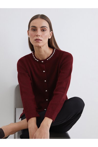 LC Waikiki Alita City Lcw Grace Red Knitwear Women's Cardigan with Stones