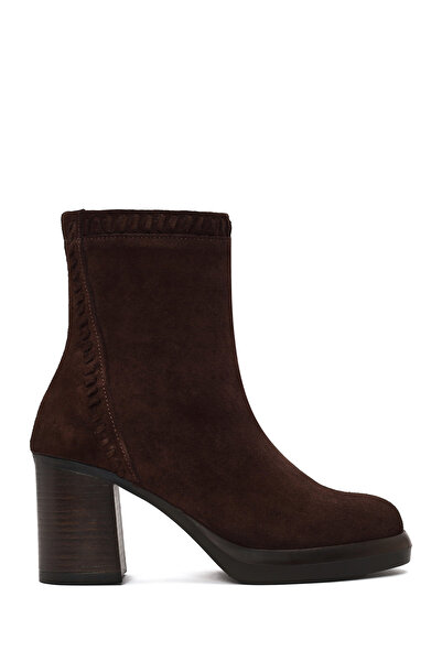 Derimod Women's Brown Zippered Thick Heeled Suede Leather Boots Wf190062Ds