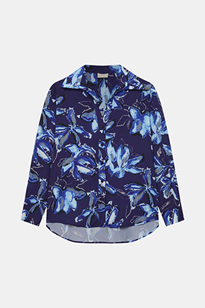 W Collection LACİVERT UZUN KOLLU ÇİÇEK DESENLİ BLUZ