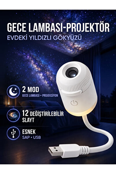 Vezir Aksesuar USB Projeksiyonlu Gece Lambası – Yıldız Galaksi Efektli, Esnek...