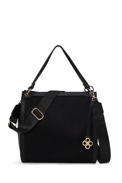 Derimod Women's Black Long Strap Suede Shoulder Bag Wb500014Ss