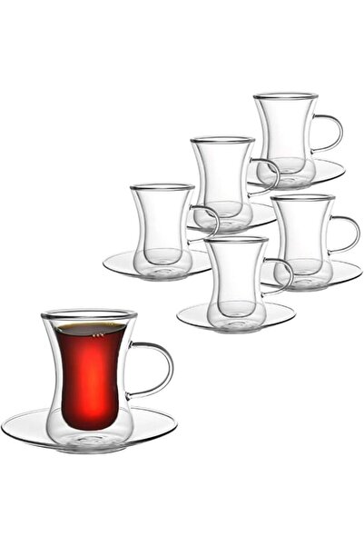 GENERAL Home Zone 120ml Double Wall Glass Cups with Handle and Saucer Set of ...
