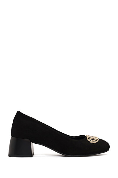 Derimod Women's Black Short Thick Heeled Suede Leather Stiletto Af410009Ds