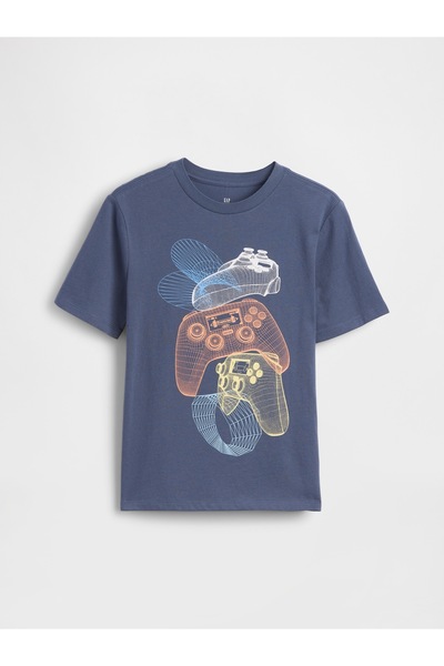 GAP Erkek Çocuk Koyu Mavi Grafik Baskılı T-Shirt