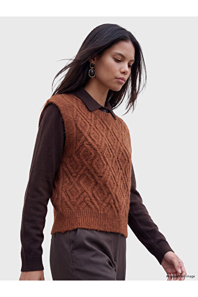 LC Waikiki Nevavm Lcw Comfort Brown Knitwear Diamond Patterned Sweater with D...