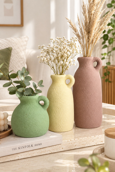LALEZEN HOME 3LÜ TEK KULPLI VAZO SET - DEKORATİF OBJE