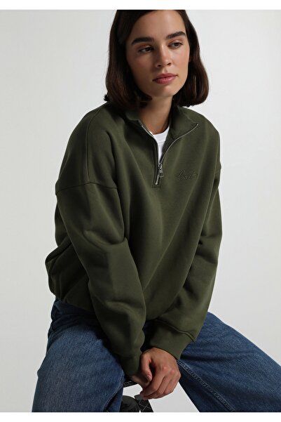 Colin's Regular Fit Fermuarlı Nakışlı Kadın Yeşil Sweatshirt