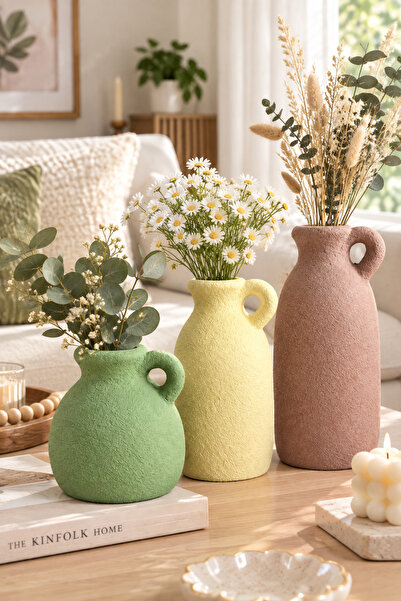 LALEZEN HOME 3LÜ TEK KULPLI VAZO SET - DEKORATİF OBJE