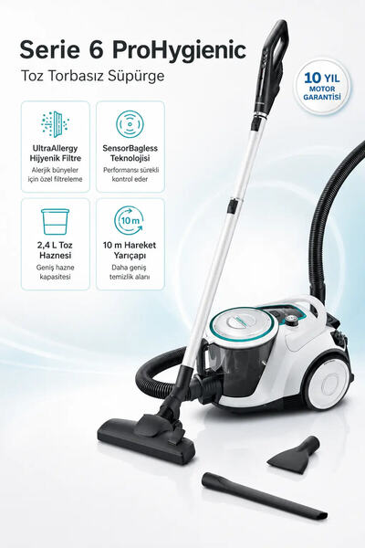 Bosch Serie 6 Hygienic 700 W Hijyenik Toz Torbasız Elektrikli Süpürge - H13 Filtre, 2,4 L Kolay