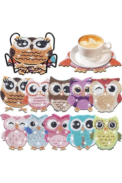 Choice 10pcs/Set DIY Diamond Art Owl Coasters with Holder Anti Slip Wood Drip...