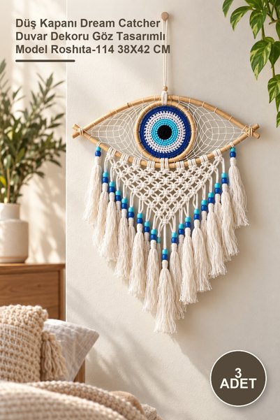 Yenilig 3 Adet Rüya Kapanı – Düş Kapanı Dream Catcher Duvar Dekoru Göz Tasarımlı Model Roshıta-114 38X42 CM