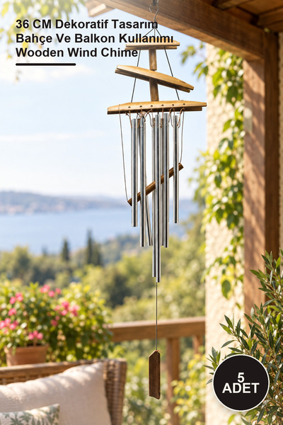 Yenilig 5 Pieces of Wooden Wind Chime – 36 cm Decorative Design for Garden an...